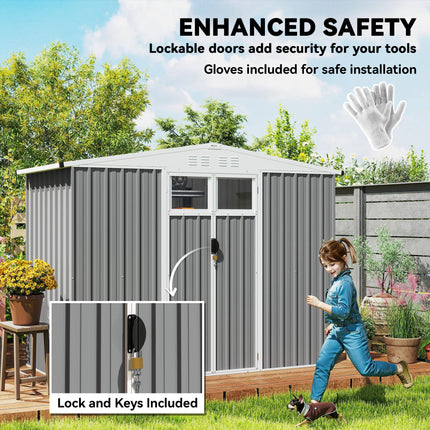 8x4 ft Metal Garden Storage Shed with Window and Lockable Door - Light Grey