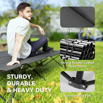 Double Camping Cot Bed Lightweight Foldable with Carry Bag - Charcoal Grey