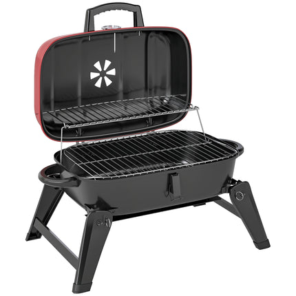 Charcoal Barbecue Grill Folding Portable BBQ Grill for Camping with 1232 cm² Cooking Area, Adjustable Vent, Thermometer, Handles for Picnic, 59 x 37 x 36 cm, Red