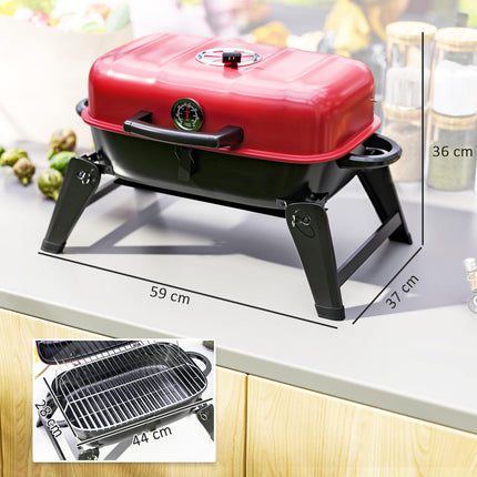 Charcoal Barbecue Grill Folding Portable BBQ Grill for Camping with 1232 cm² Cooking Area, Adjustable Vent, Thermometer, Handles for Picnic, 59 x 37 x 36 cm, Red