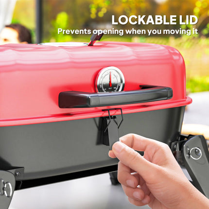 Charcoal Barbecue Grill Folding Portable BBQ Grill for Camping with 1232 cm² Cooking Area, Adjustable Vent, Thermometer, Handles for Picnic, 59 x 37 x 36 cm, Red