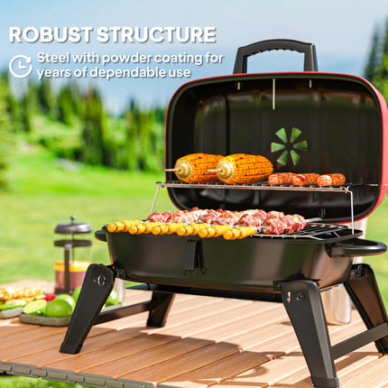 Charcoal Barbecue Grill Folding Portable BBQ Grill for Camping with 1232 cm² Cooking Area, Adjustable Vent, Thermometer, Handles for Picnic, 59 x 37 x 36 cm, Red