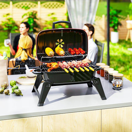 Charcoal Barbecue Grill Folding Portable BBQ Grill for Camping with 1232 cm² Cooking Area, Adjustable Vent, Thermometer, Handles for Picnic, 59 x 37 x 36 cm, Red