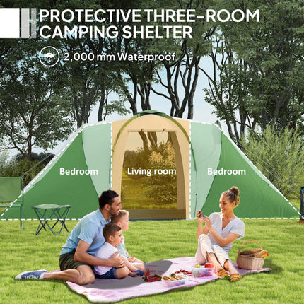 Large Waterproof Camping Tent with 2 Bedrooms and Living Area - Green