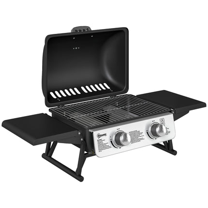 Two-Burner Compact Gas Grill with 2 Folding Side Shelves - Black