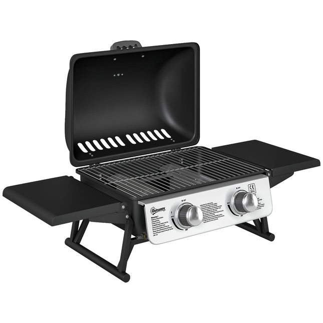 Two-Burner Compact Gas Grill with 2 Folding Side Shelves - Black