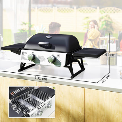 Two-Burner Compact Gas Grill with 2 Folding Side Shelves - Black