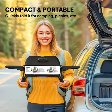 Two-Burner Compact Gas Grill with 2 Folding Side Shelves - Black