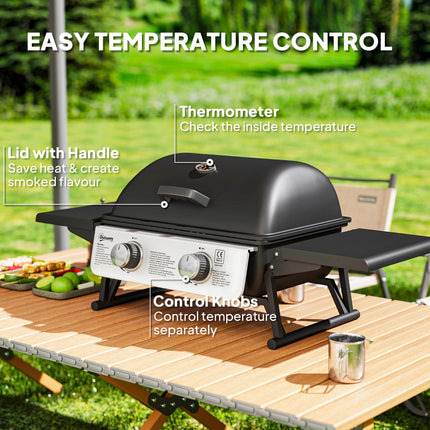 Two-Burner Compact Gas Grill with 2 Folding Side Shelves - Black