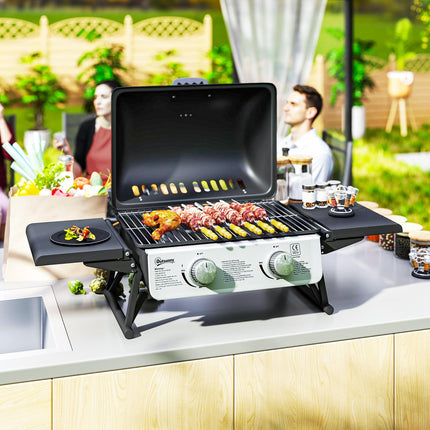 Two-Burner Compact Gas Grill with 2 Folding Side Shelves - Black