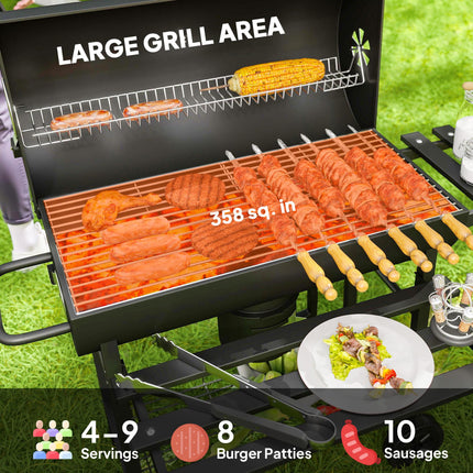 Charcoal BBQ Grill with Foldable Front Side Shelf, Portable Barbecue Smoker with