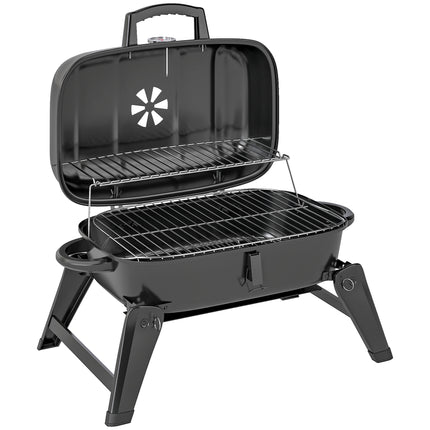 Charcoal Barbecue Grill Folding Portable BBQ Grill for Camping with 1232 cm² Cooking Area, Adjustable Vent, Thermometer, Handles for Picnic, 59 x 37 x 36 cm, Black