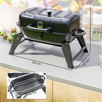 Charcoal Barbecue Grill Folding Portable BBQ Grill for Camping with 1232 cm² Cooking Area, Adjustable Vent, Thermometer, Handles for Picnic, 59 x 37 x 36 cm, Black