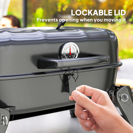 Charcoal Barbecue Grill Folding Portable BBQ Grill for Camping with 1232 cm² Cooking Area, Adjustable Vent, Thermometer, Handles for Picnic, 59 x 37 x 36 cm, Black
