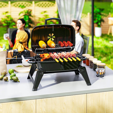 Charcoal Barbecue Grill Folding Portable BBQ Grill for Camping with 1232 cm² Cooking Area, Adjustable Vent, Thermometer, Handles for Picnic, 59 x 37 x 36 cm, Black