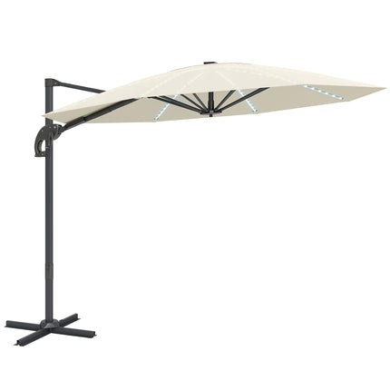 3 Metre Cantilever Garden Parasol with Solar Lights and Crank Handle - Cream