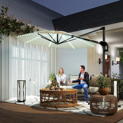 3 Metre Cantilever Garden Parasol with Solar Lights and Crank Handle - Cream