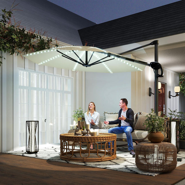 3 Metre Cantilever Garden Parasol with Solar Lights and Crank Handle - Cream