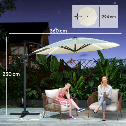 3 Metre Cantilever Garden Parasol with Solar Lights and Crank Handle - Cream