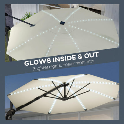 3 Metre Cantilever Garden Parasol with Solar Lights and Crank Handle - Cream