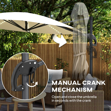 3 Metre Cantilever Garden Parasol with Solar Lights and Crank Handle - Cream