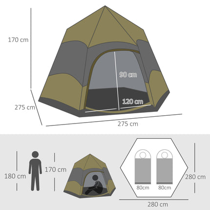 Six Man Hexagon Camping Tent with Hang Hook and Carry Bag - Dark Green and Light Grey