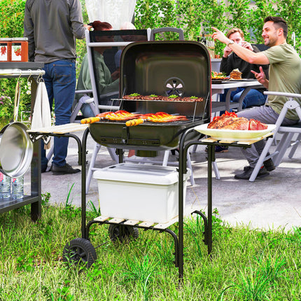 Charcoal Barbecue Grill Portable BBQ Grill with 1840 cm² Cooking Area, 3 Shelves, Adjustable Vent, Lockable Lid, Wheels for Outdoor Cooking, Garden Party, Red