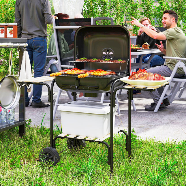 Charcoal Barbecue Grill Portable BBQ Grill with 1840 cm² Cooking Area, 3 Shelves, Adjustable Vent, Lockable Lid, Wheels for Outdoor Cooking, Garden Party, Red