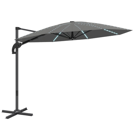 3 Metre Cantilever Garden Parasol with Solar Lights and Crank Handle - Dark Grey