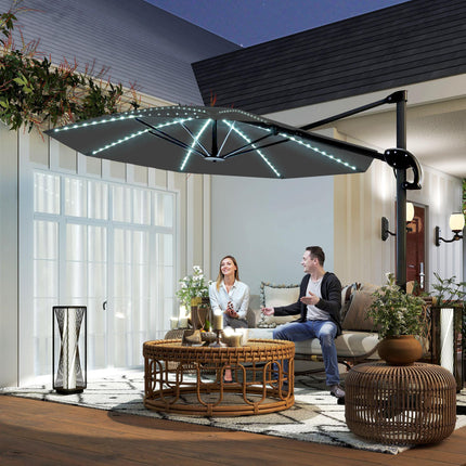 3 Metre Cantilever Garden Parasol with Solar Lights and Crank Handle - Dark Grey