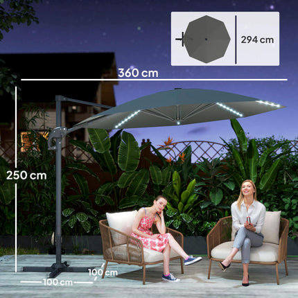 3 Metre Cantilever Garden Parasol with Solar Lights and Crank Handle - Dark Grey