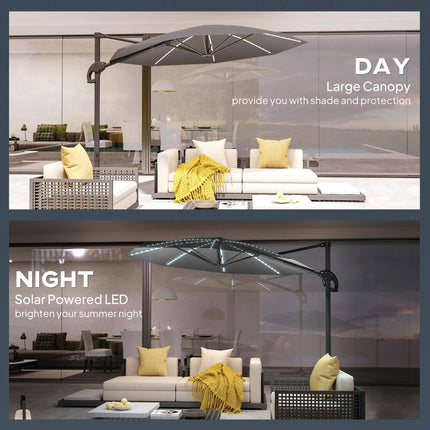 3 Metre Cantilever Garden Parasol with Solar Lights and Crank Handle - Dark Grey