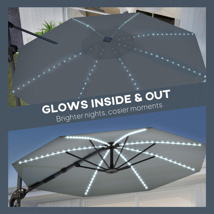3 Metre Cantilever Garden Parasol with Solar Lights and Crank Handle - Dark Grey