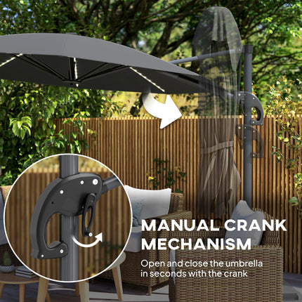 3 Metre Cantilever Garden Parasol with Solar Lights and Crank Handle - Dark Grey
