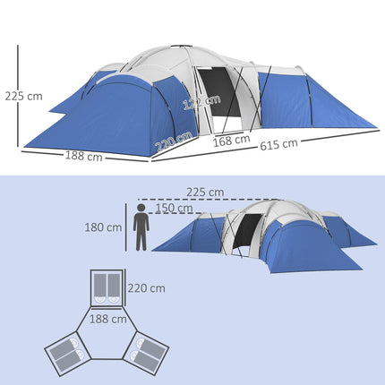 6-9 Person Camping Tent with 3 Bedrooms and Living Room - Blue
