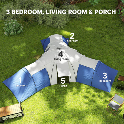 6-9 Person Camping Tent with 3 Bedrooms and Living Room - Blue