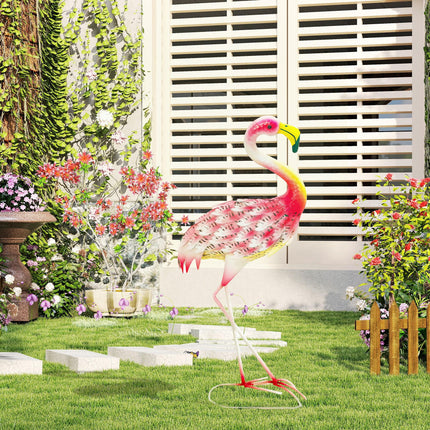 Flamingo Garden Statue Ornament, Metal Bird Art Outdoor Statue, Standing Garden Sculpture Gift with Ground Stakes for Pond Landscape Decoration, Pink