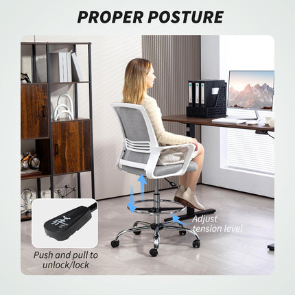 Ergonomic Draughtsman Mesh Drafting Chair with Lumbar Support & Adjustable Foot Ring - Grey