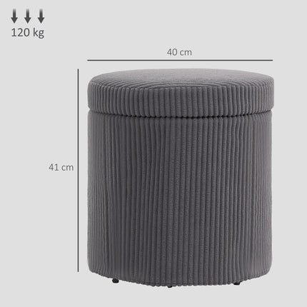 40cm Round Corduroy Storage Ottoman with Removable Lid and Legs - Grey