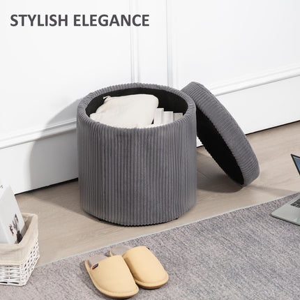 40cm Round Corduroy Storage Ottoman with Removable Lid and Legs - Grey