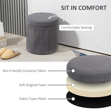 40cm Round Corduroy Storage Ottoman with Removable Lid and Legs - Grey