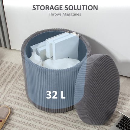 40cm Round Corduroy Storage Ottoman with Removable Lid and Legs - Grey