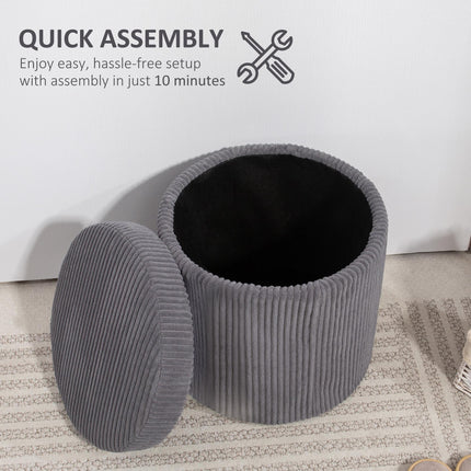 40cm Round Corduroy Storage Ottoman with Removable Lid and Legs - Grey