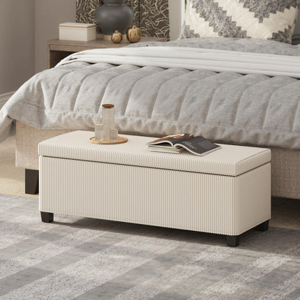 Storage Ottoman Bench, Corduroy Storage Chest Box with Wooden Legs, 112cm Bed En
