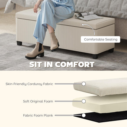 Storage Ottoman Bench, Corduroy Storage Chest Box with Wooden Legs, 112cm Bed En