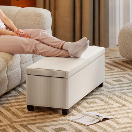 Storage Ottoman Bench, Corduroy Storage Chest Box with Wooden Legs, 112cm Bed En
