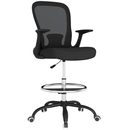 Ergonomic Draughtsman Mesh Drafting Chair with Flip-up Armrest and Adjustable Foot Ring - Black
