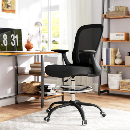 Ergonomic Draughtsman Mesh Drafting Chair with Flip-up Armrest and Adjustable Foot Ring - Black