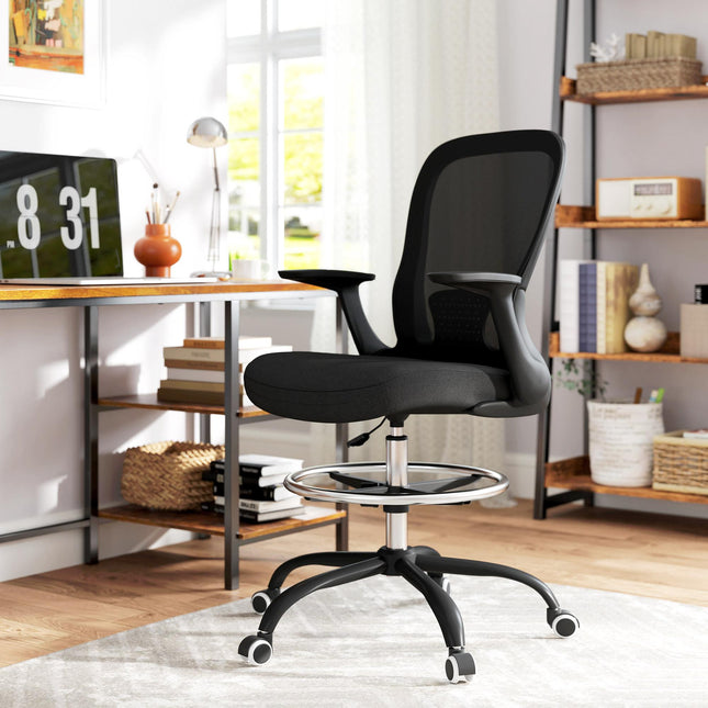 Ergonomic Draughtsman Mesh Drafting Chair with Flip-up Armrest and Adjustable Foot Ring - Black