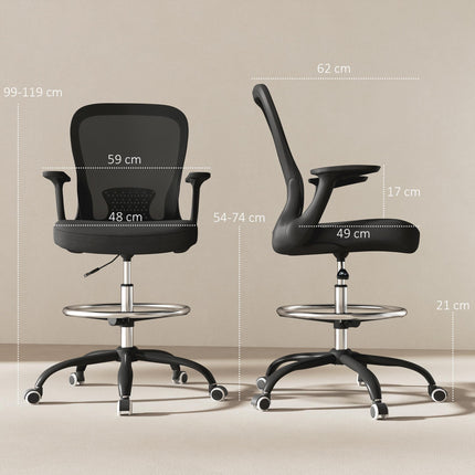 Ergonomic Draughtsman Mesh Drafting Chair with Flip-up Armrest and Adjustable Foot Ring - Black